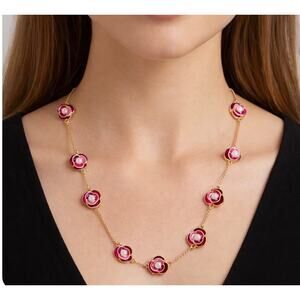 Kate Spade Deco Blossom Rose 24” Necklace Gold Pink Enamel Floral Statement